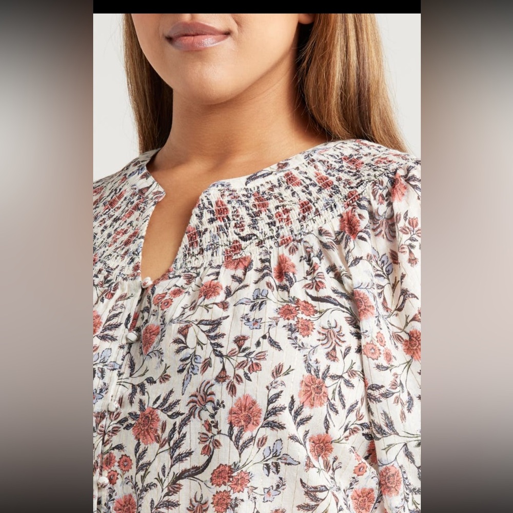 Treasure & Bond Print Smocked Yoke Button-Up Shirt, IVORY- PINK FLEURETTE, 1X/2X - Picture 4 of 9
